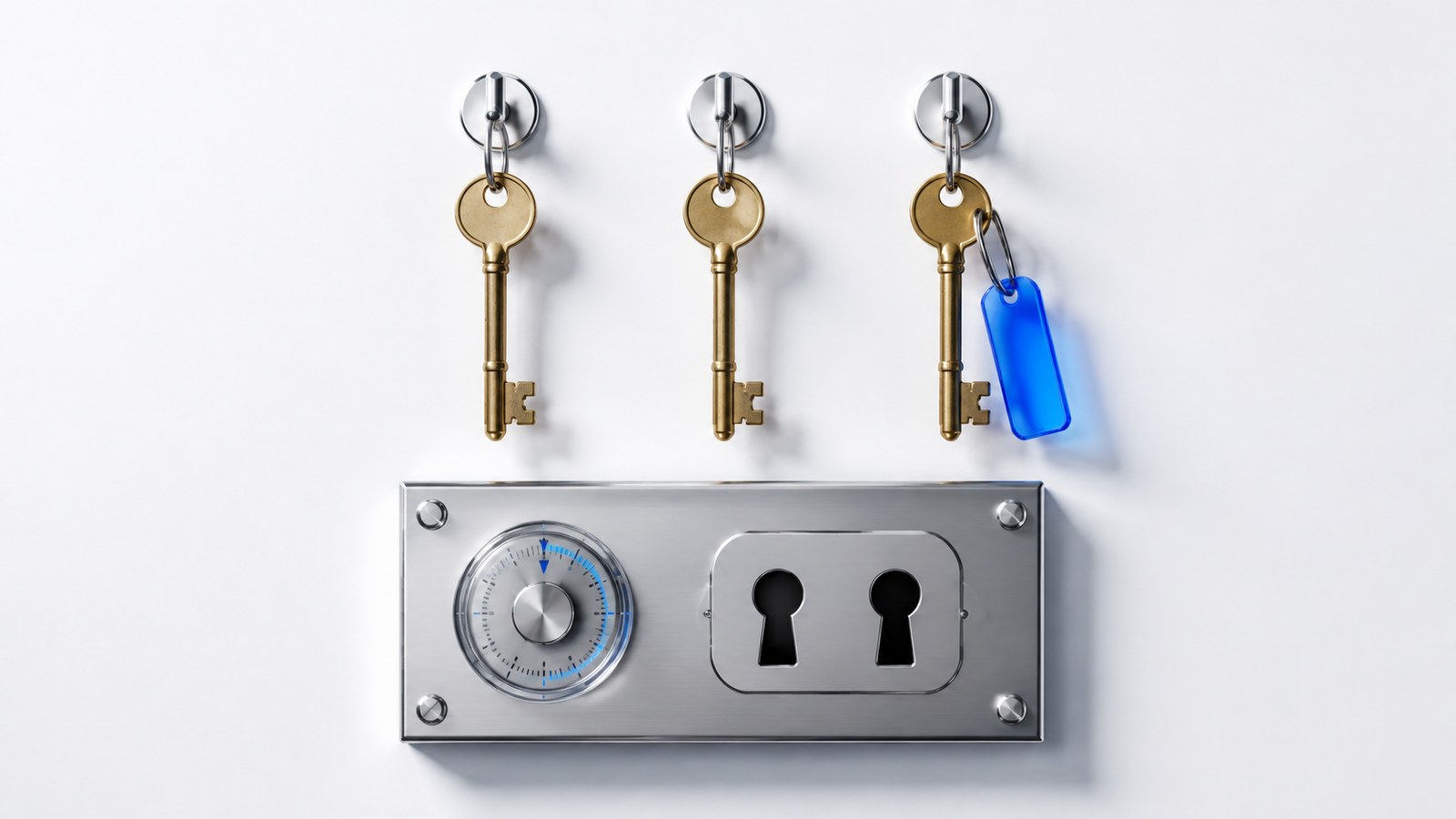 Three keys on separate hooks in front of a lock with two keyholes and a timer dial, illustrating admin key separation and timelocks.
