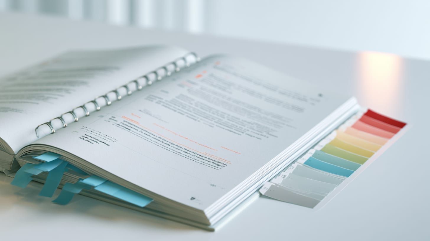 Open bound report with blue tab bookmarks and a column of colored severity swatches, illustrating the structure of a smart contract audit report.