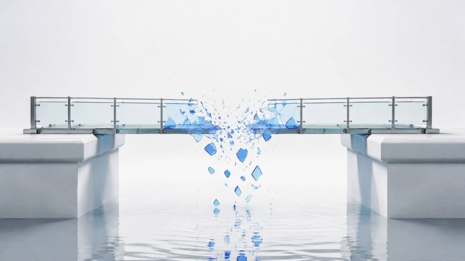 Glass bridge spanning two platforms with one shattered segment above water, representing losses across cross chain bridge incidents.