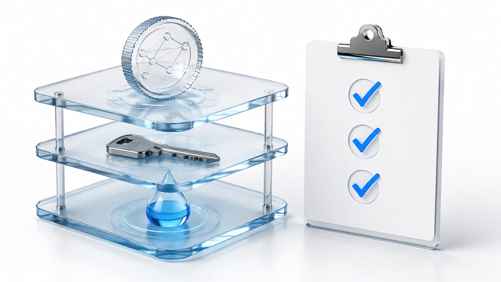 Translucent stacked layers beside a clipboard with blue check marks, illustrating technical due diligence on a DeFi protocol before investing.