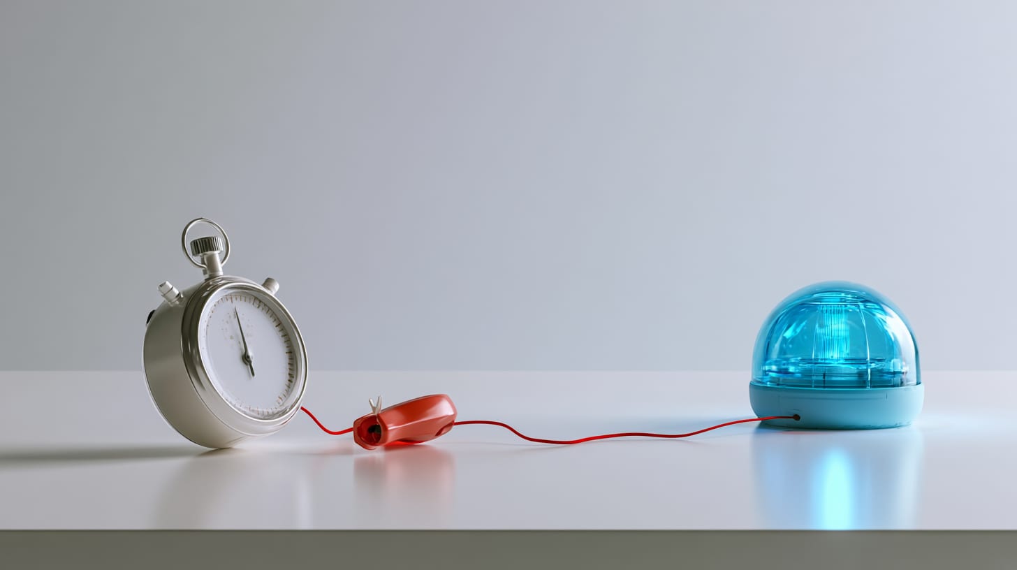 Stopwatch beside a pulled alarm handle and a glowing beacon on a clean table, representing the first hours of DeFi incident response.