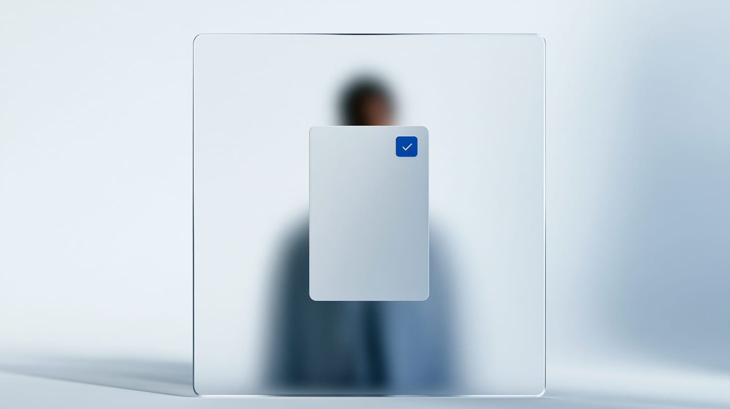 Blank identity card with a blue verification badge in front of frosted glass, illustrating what a crypto team KYC badge proves and hides.