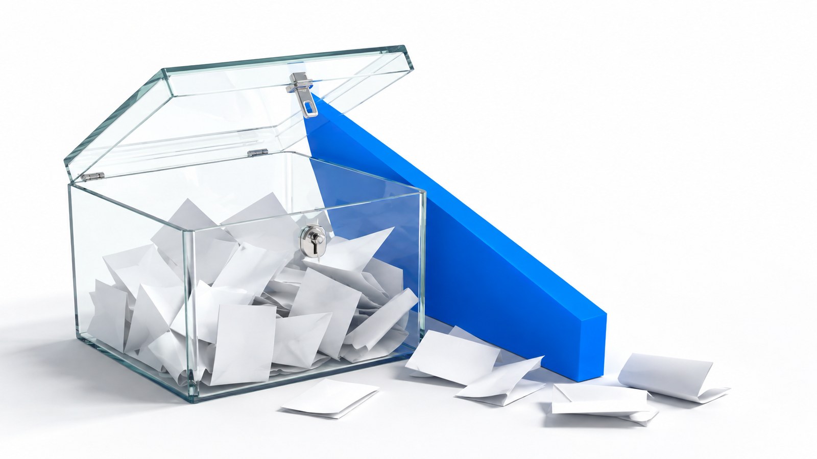 Glass ballot box with a blue wedge forcing its lid open, illustrating governance contract failures found in a DAO security audit.