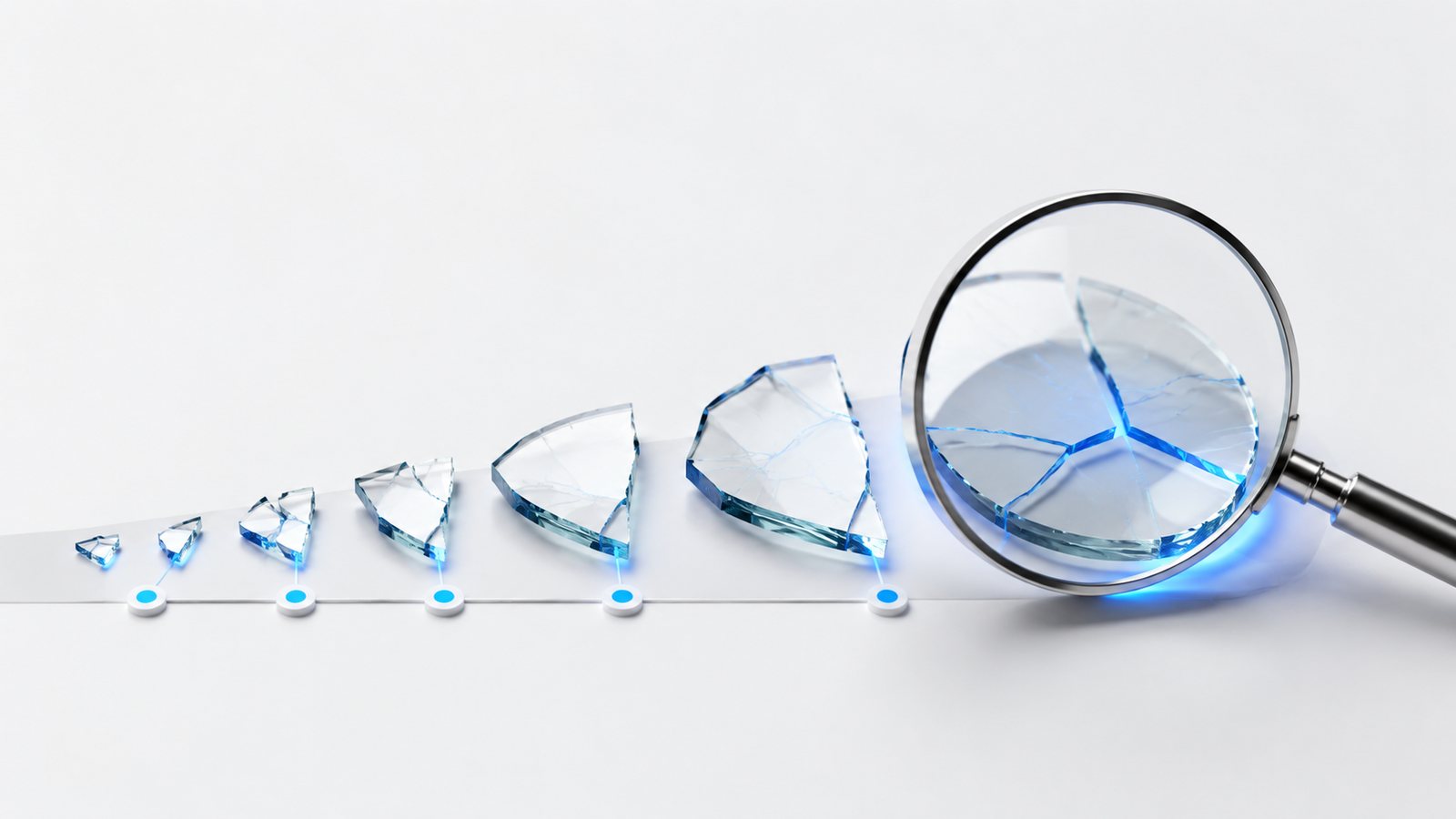 Broken glass fragments reassembled in order along a timeline strip under a magnifier, representing a DeFi hack post mortem.
