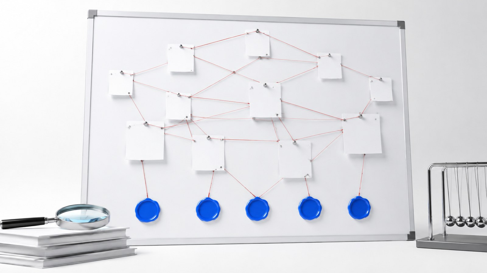 Grid of blank tiles connected by red threads to blue seals, representing a cross reference of DeFi hacks and the auditors involved.