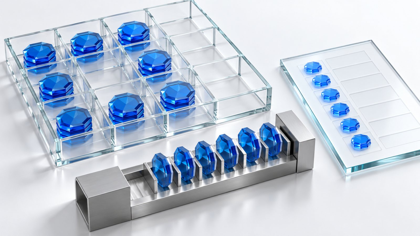 Blue tokens in a square glass inventory tray beside a metal counting rail and a separate glass ledger, illustrating per-ID batch accounting.