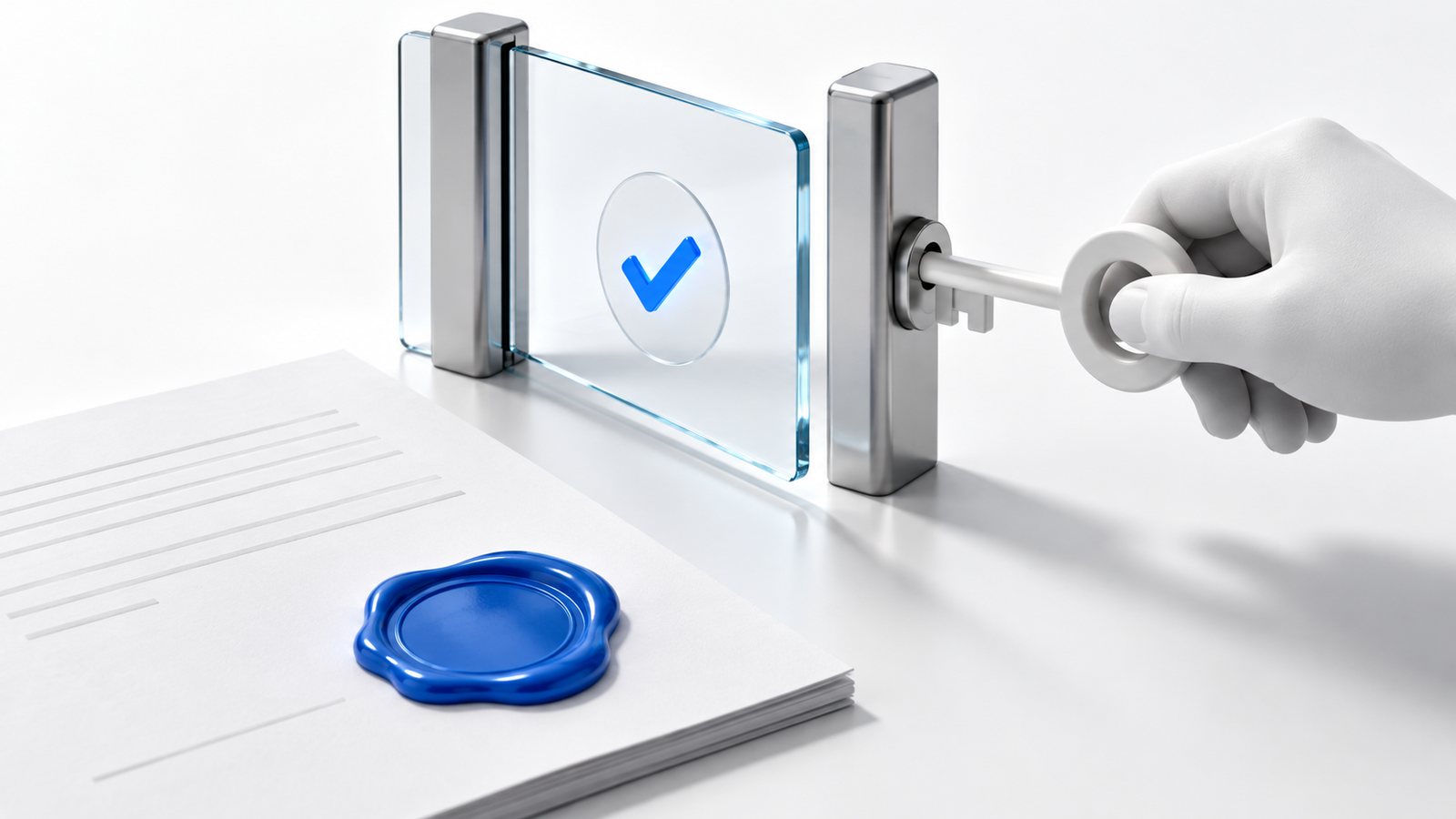 White glass gate beside a blue wax seal and a key, representing state-dependent contract wallet signature checks.