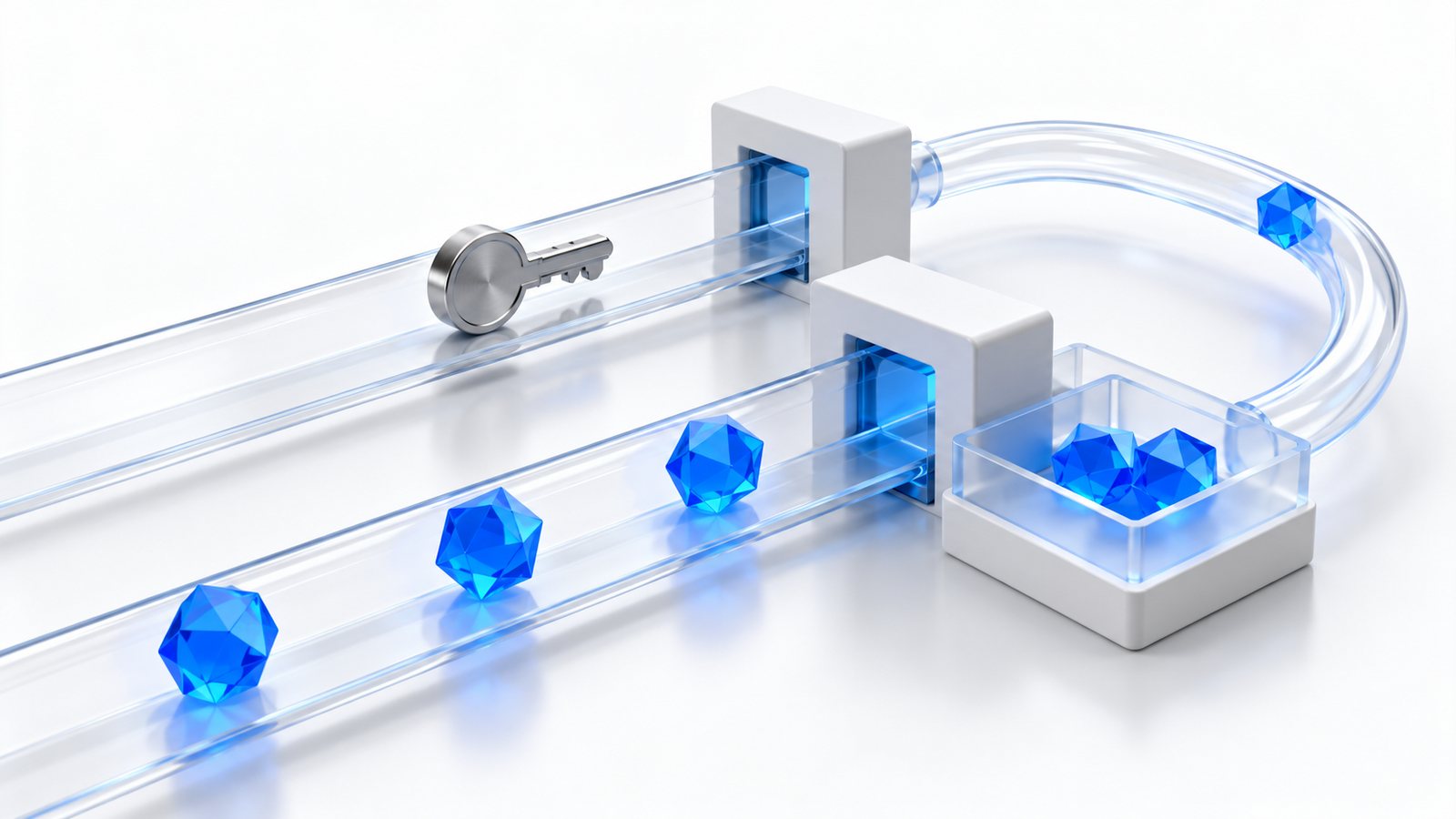 Separate glass channels carry blue tokens and a metal permission key toward white gates, illustrating token receipt and spending approval.