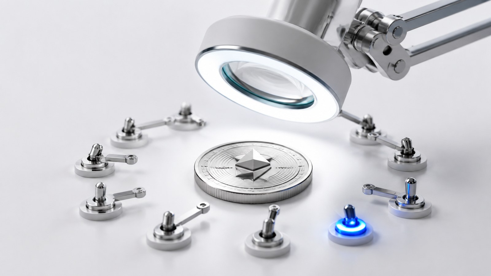 Single token coin under an examination lamp surrounded by small levers and switches, representing an ERC-20 token audit before a listing.