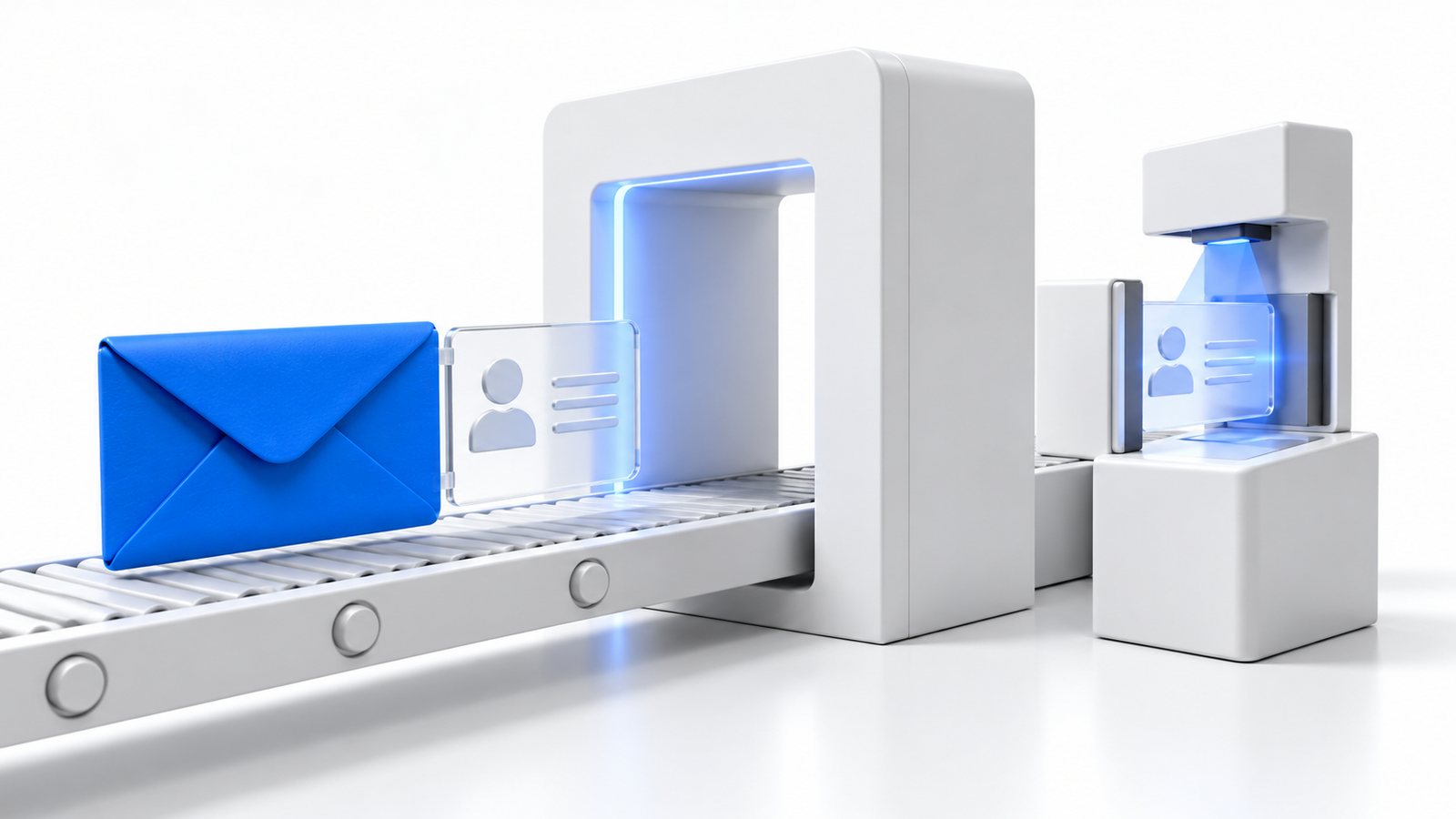 Blue envelope with an attached transparent identity card entering a white inspection gateway, illustrating trusted forwarded context.