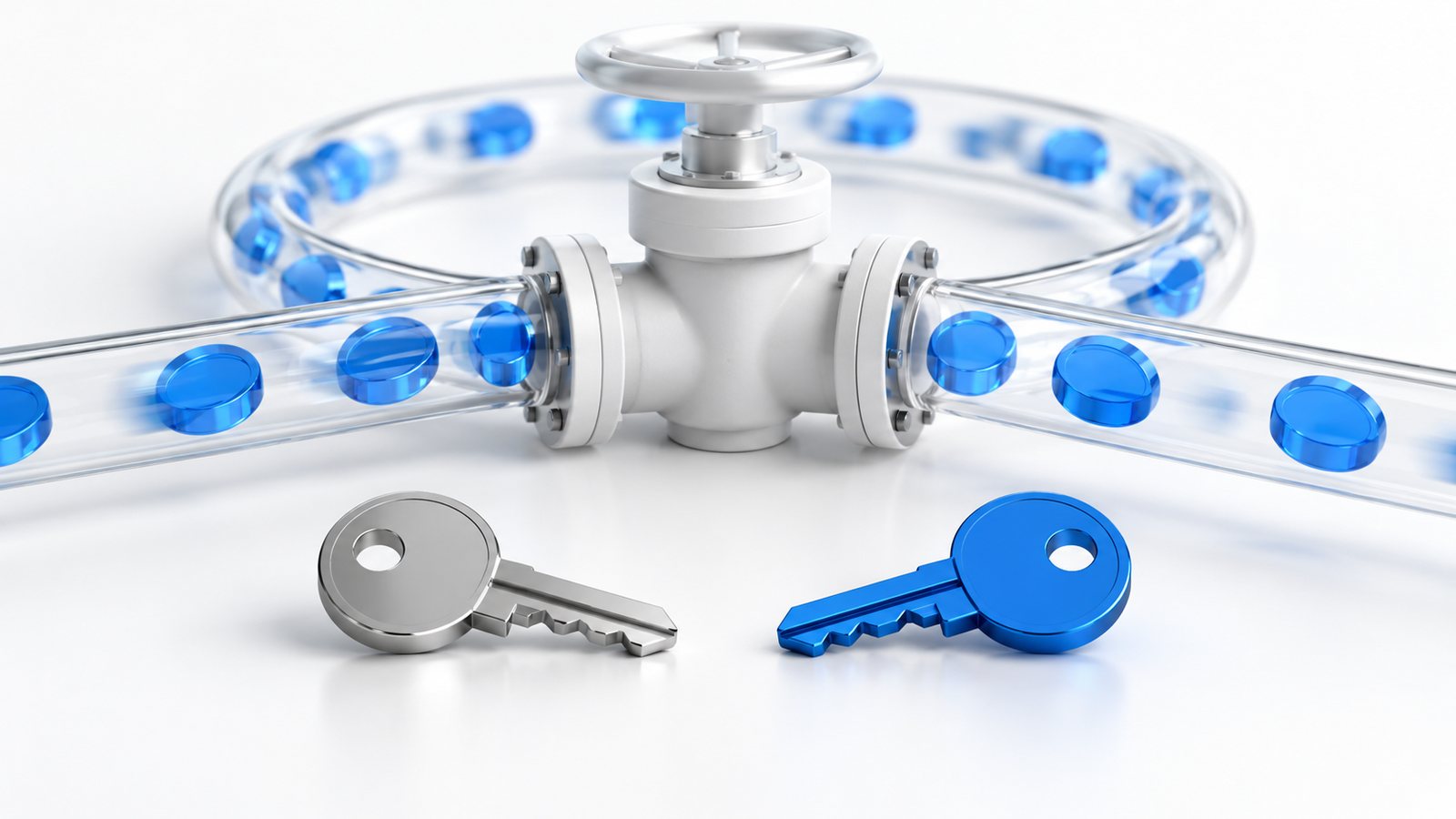 Circular glass conduit carrying blue tokens through a white valve beside two keys, illustrating callback and initiator checks.
