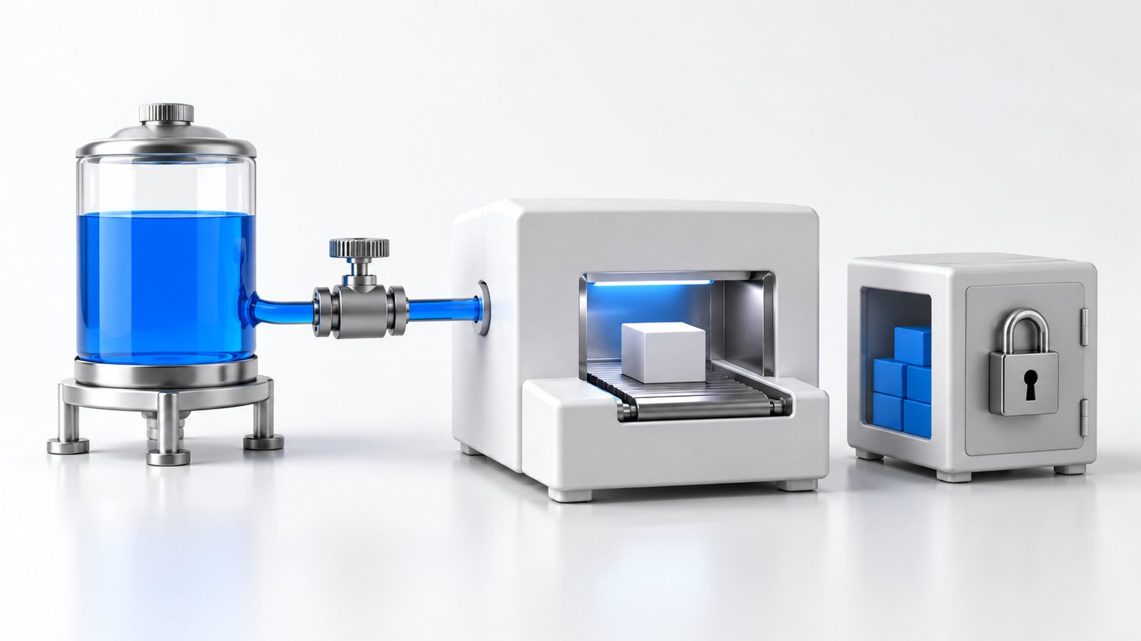 Blue reservoir feeding a white machine through a valve beside a locked reserve box, illustrating bounded gas sponsorship.