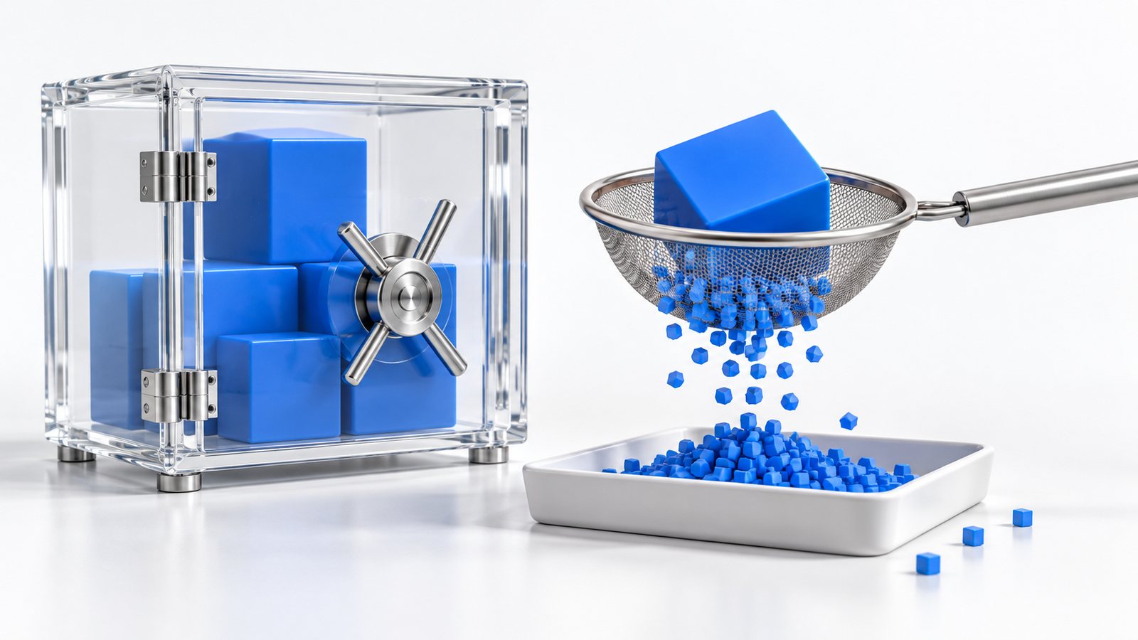 Transparent vault holding large blue cubes beside a sieve dividing a cube into small units, illustrating ERC4626 vault security and share rounding.