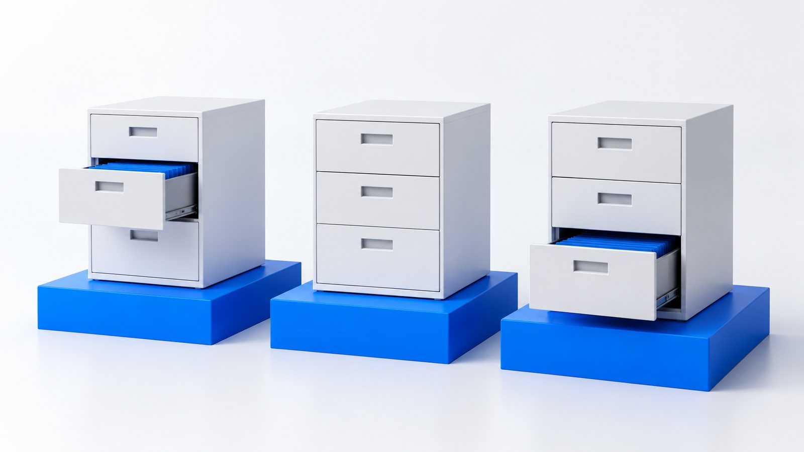 Three white cabinets on separate blue plinths with open drawers, illustrating namespace isolation and internal storage layout.