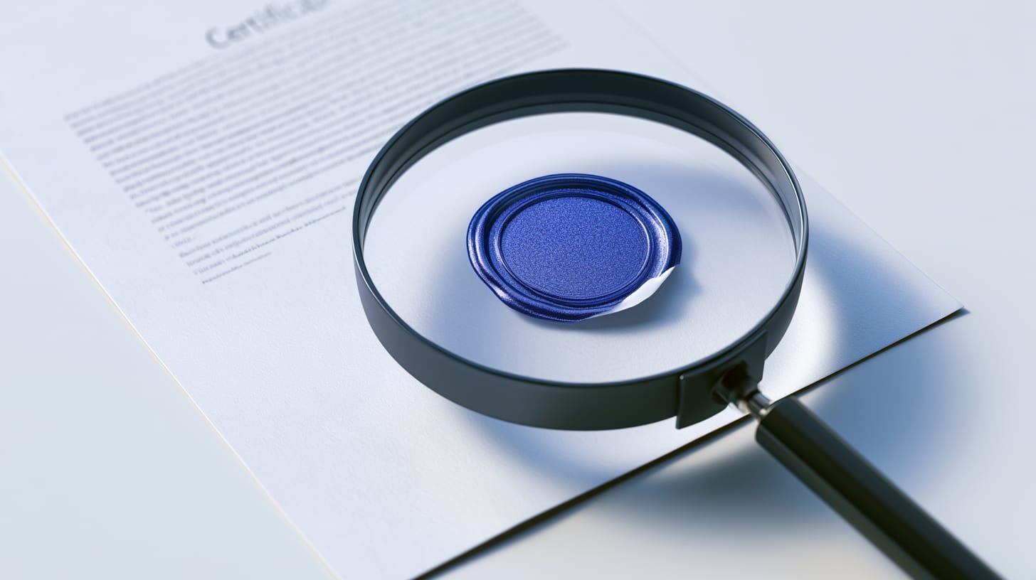 Paper certificate with a peeling blue seal under a magnifying loupe, representing verification of a smart contract audit report's authenticity.