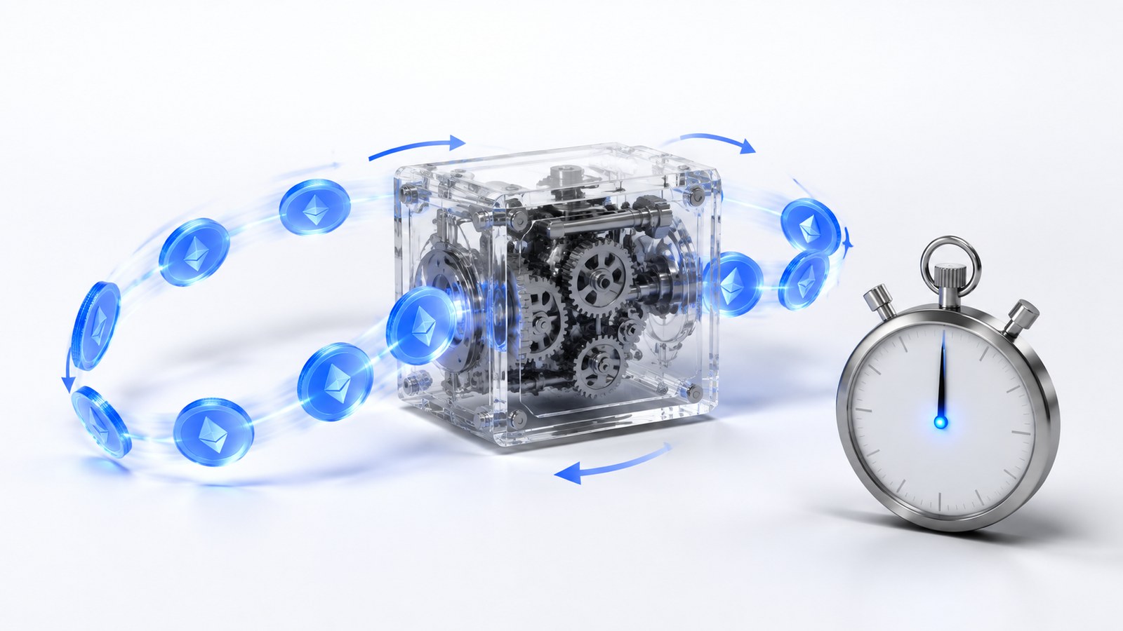 Loop of glowing coins passing through a glass mechanism and back within one stopwatch tick, illustrating a flash loan attack.