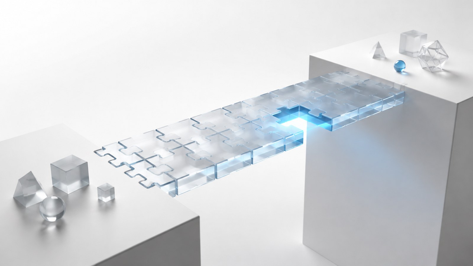 Glass bridge of interlocking geometric blocks with one missing piece, representing what formal verification proves and what it leaves out.