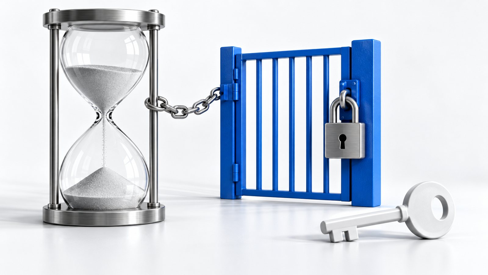 Hourglass connected to a locked blue gate with a separate key, illustrating elapsed time and execution authority.