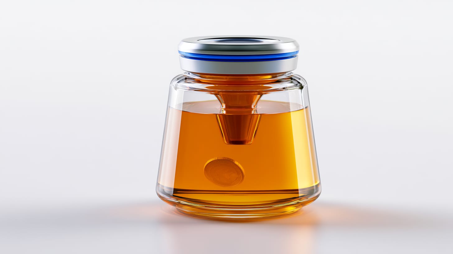 Glass honey jar with a one way funnel lid and a coin trapped inside, illustrating a honeypot token that lets buyers in but never out.