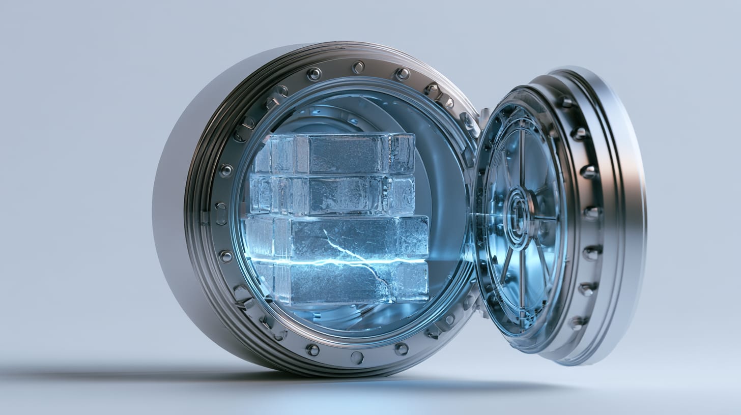 Vault door ajar with stacked glass collateral blocks and a hairline crack, representing the risk surface covered by a lending protocol audit.