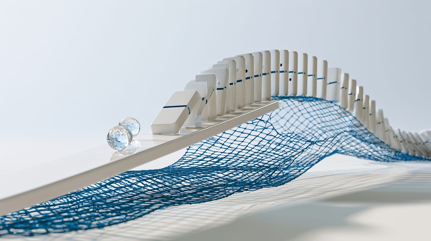 Balance beam with weights tipping toward a row of falling dominoes above a blue safety net, illustrating liquidation risk in a perpetual DEX.