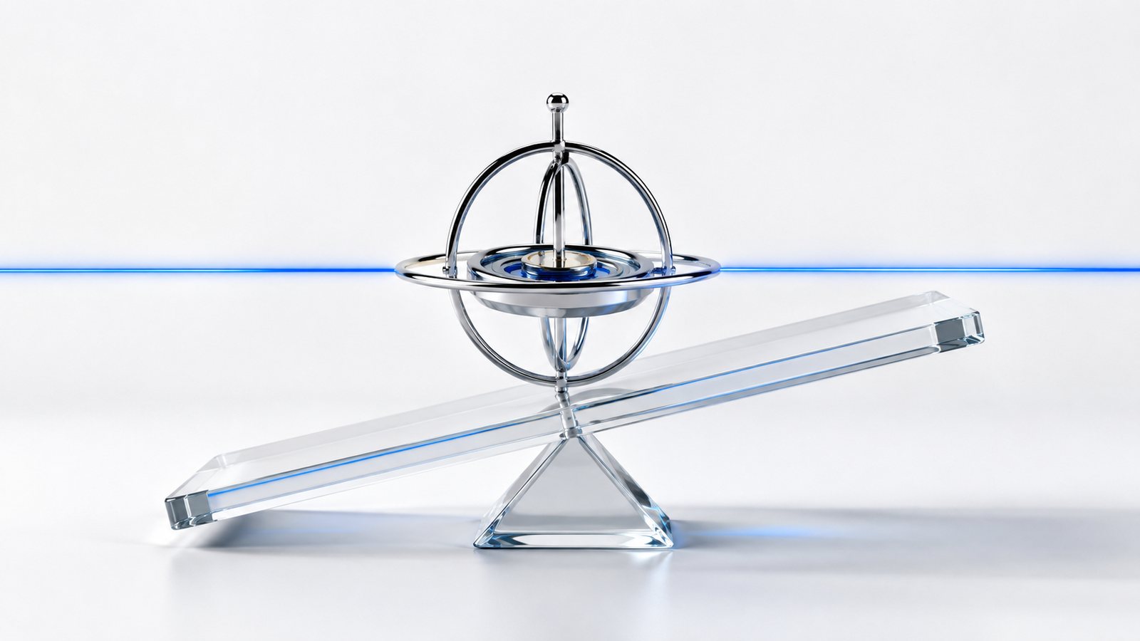Gyroscope staying level on a tilting glass platform, illustrating protocol invariants that must hold under every transaction.