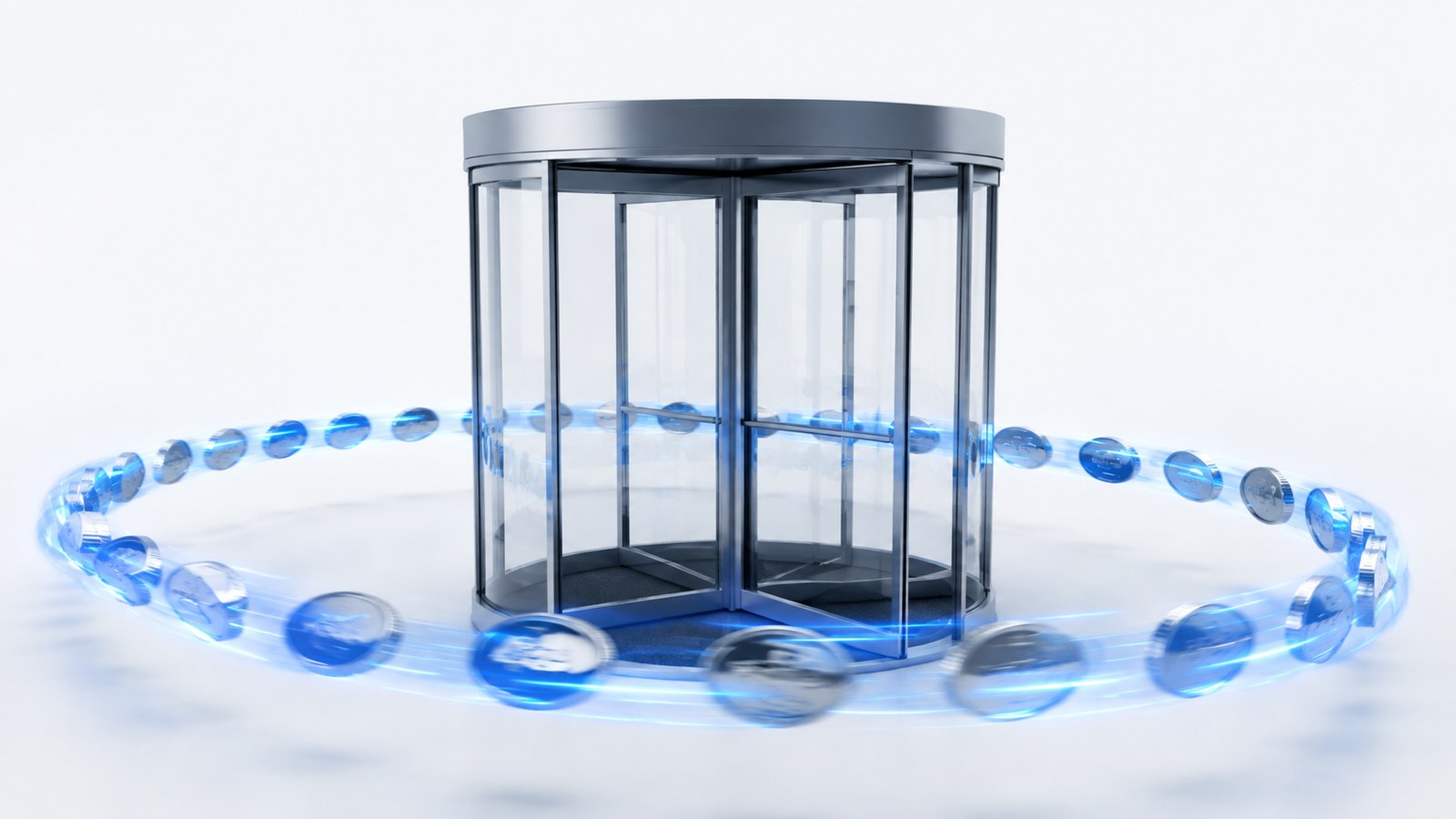 Revolving door with a trail of coins looping back through it, illustrating a reentrancy attack on a smart contract.