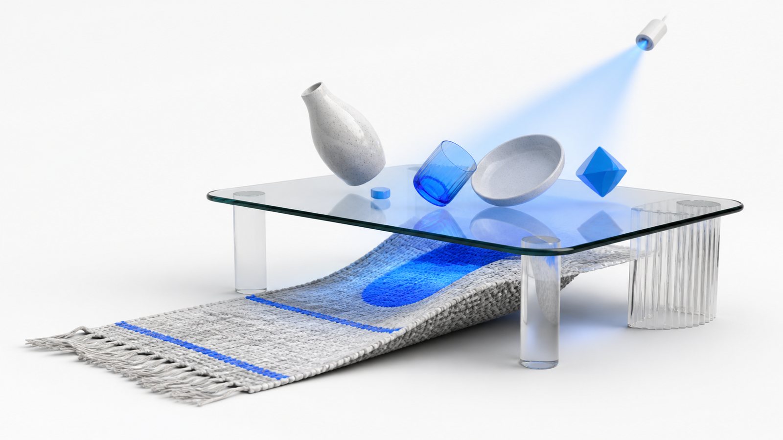 Rug sliding out from under a table while a blue scanner beam passes over it, illustrating what rug pull scanners cannot see.