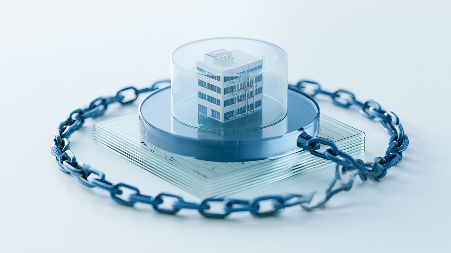 Miniature building sealed inside a translucent token disc on a ledger like base, illustrating tokenized real world asset security.