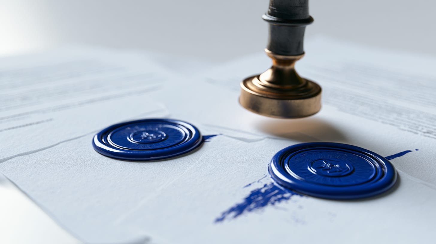 Two identical blue wax seals on side by side documents with a stamp above them, illustrating a signature replay attack on a smart contract.