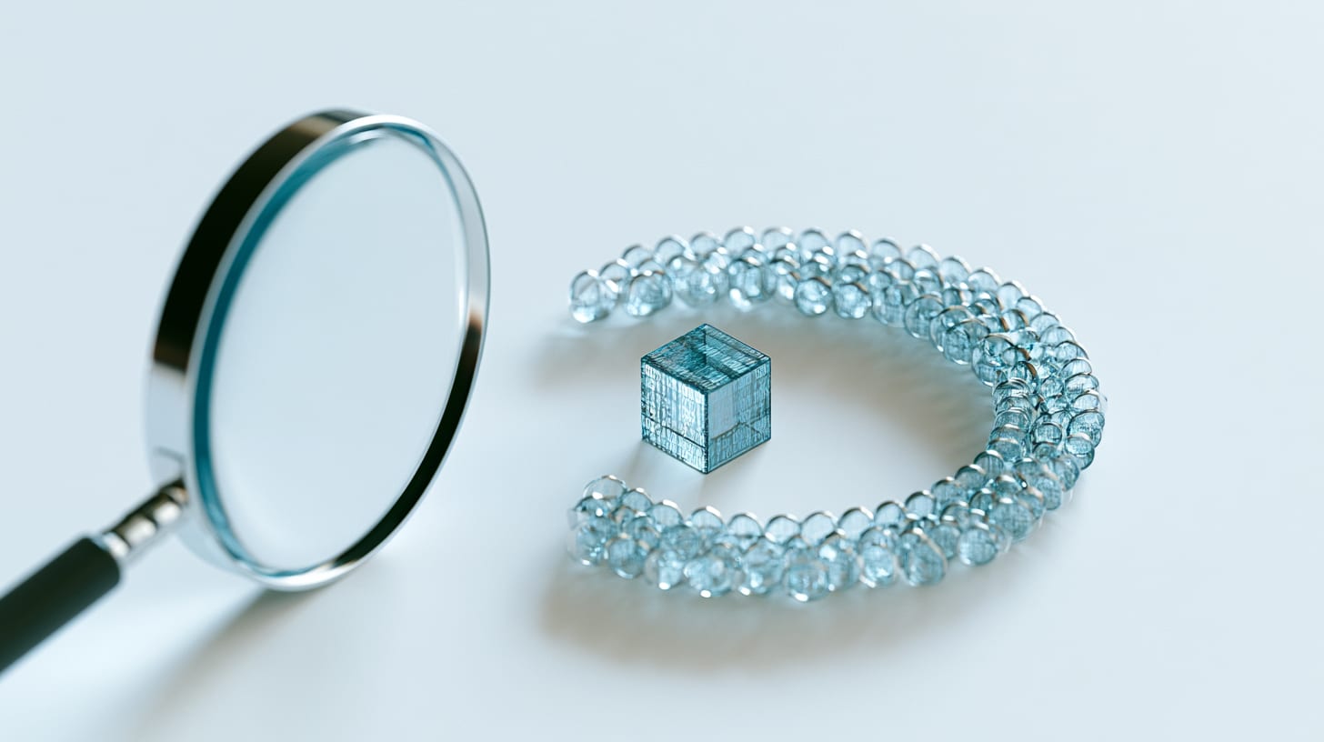 One large magnifying glass and a ring of small ones around a translucent code cube, contrasting a private audit with an audit contest.