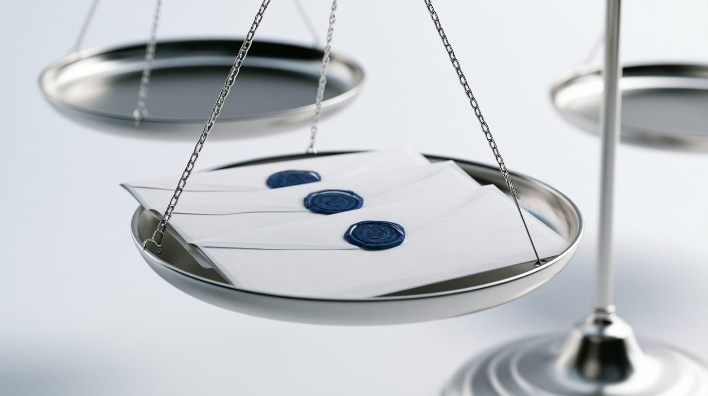 Three sealed bid envelopes lined up on a balance scale, illustrating comparable smart contract audit quotes gathered through an RFP.
