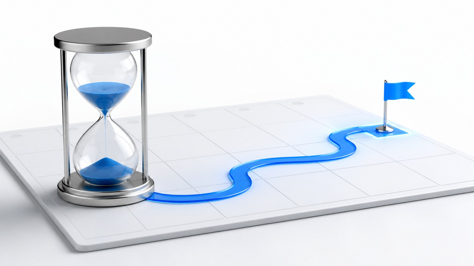 Hourglass on a blank calendar grid with a blue progress ribbon, illustrating how long a smart contract audit takes from start to report.