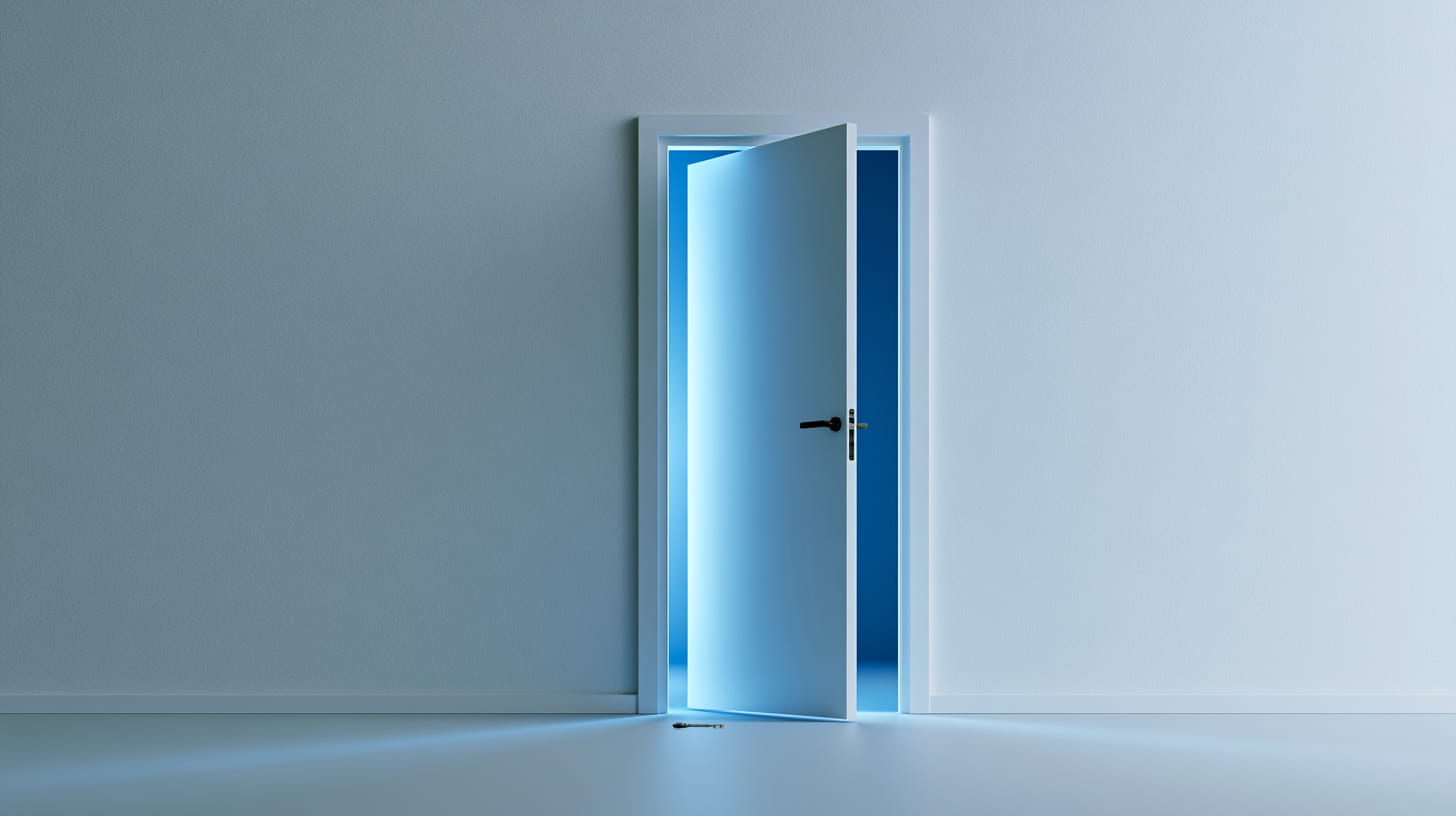 Seamless white wall with a hidden door ajar leaking blue light, representing backdoors hidden in a token contract's owner privileges.