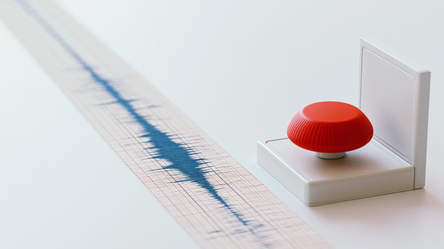 Seismograph strip with a rising blue spike beside a large stop button, representing on chain smart contract monitoring and the alert to pause path.