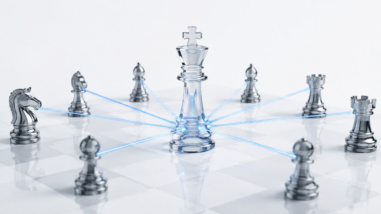 Translucent chess pieces on a white board with glowing blue attack lines converging on the king, representing smart contract threat modeling.