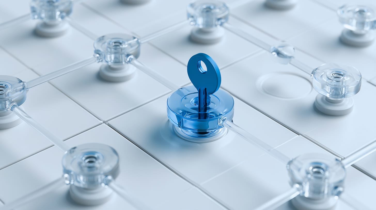 Lattice of translucent nodes plugged into keyed sockets with one blue key turning, representing the scope of a Solana program audit.