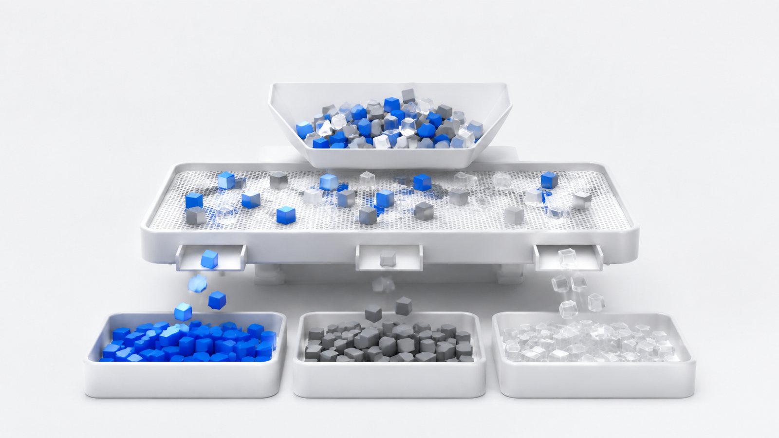 Conveyor sieve sorting small cubes into three trays, representing static analysis triage of Solidity scanner findings.