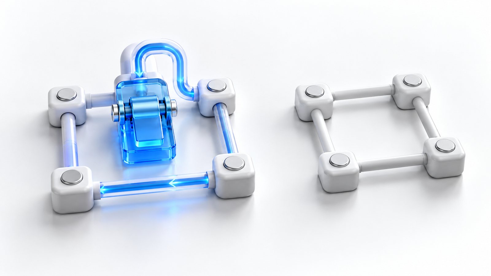 Blue temporary latch in a white circuit with a return loop beside an independent circuit, illustrating transient state ownership.