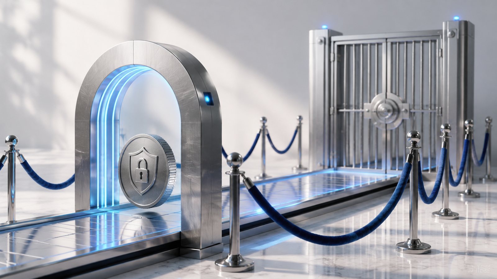 Coin passing through a scanner arch behind a velvet rope, illustrating audit and KYC requirements for token listings and launchpads.
