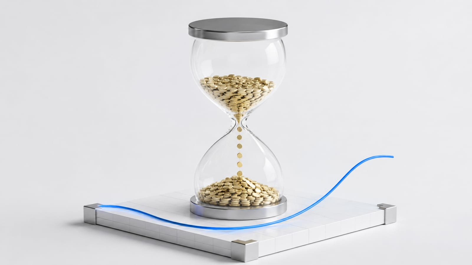 Hourglass filled with tiny coins draining onto a gridded base, representing a tokenomics audit of emission and vesting schedules.