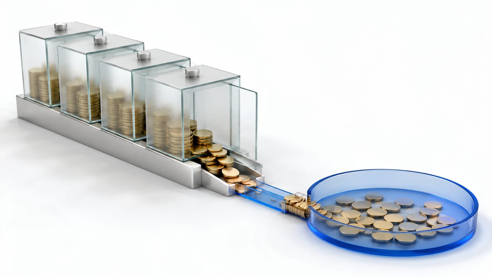 Coins released from glass compartments collect at a narrow channel leading to a blue basin, illustrating an unlock meeting limited liquidity.