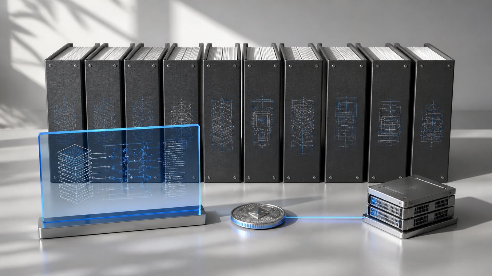 Ten charcoal architecture folders beside a blue inspection panel and ledger modules, illustrating regulated crypto software selection.
