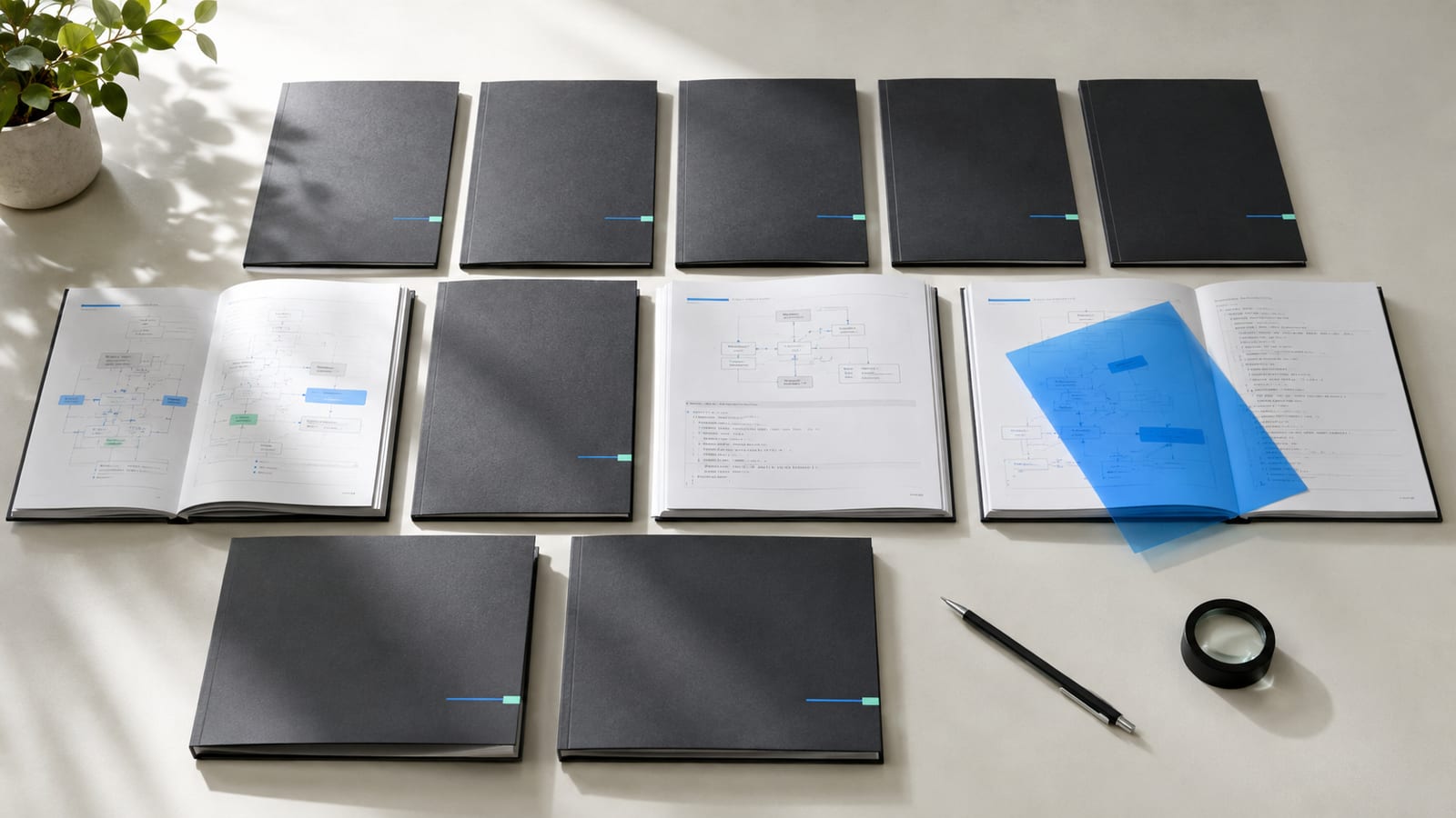 Charcoal audit folders on a light desk with a blue inspection sheet and magnifying loupe, illustrating comparison of Solana audit evidence.