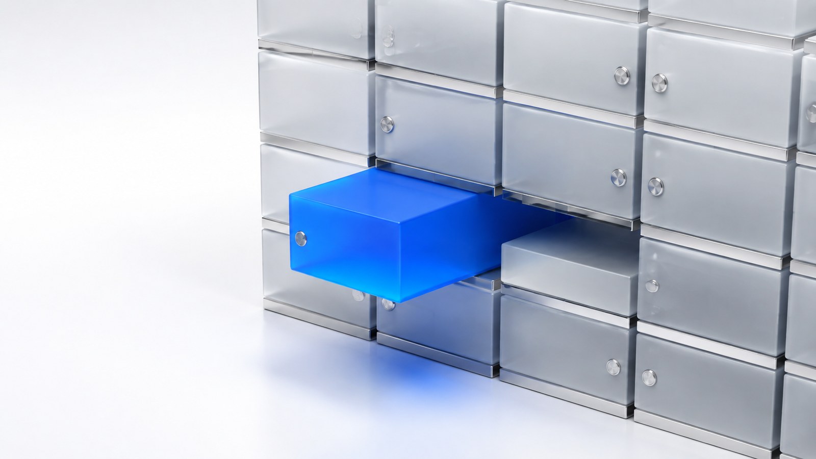 Grid of stacked storage blocks with one misaligned blue block sliding into place, representing an upgradeable contract audit.