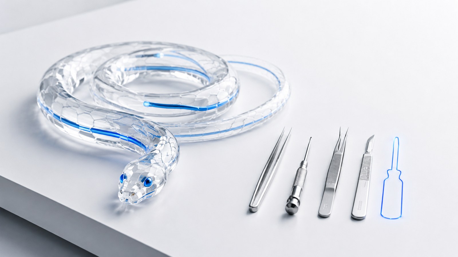 Coiled glass tube on a workbench with a row of tools ending at an empty slot, representing the tooling gaps in auditing Vyper contracts.