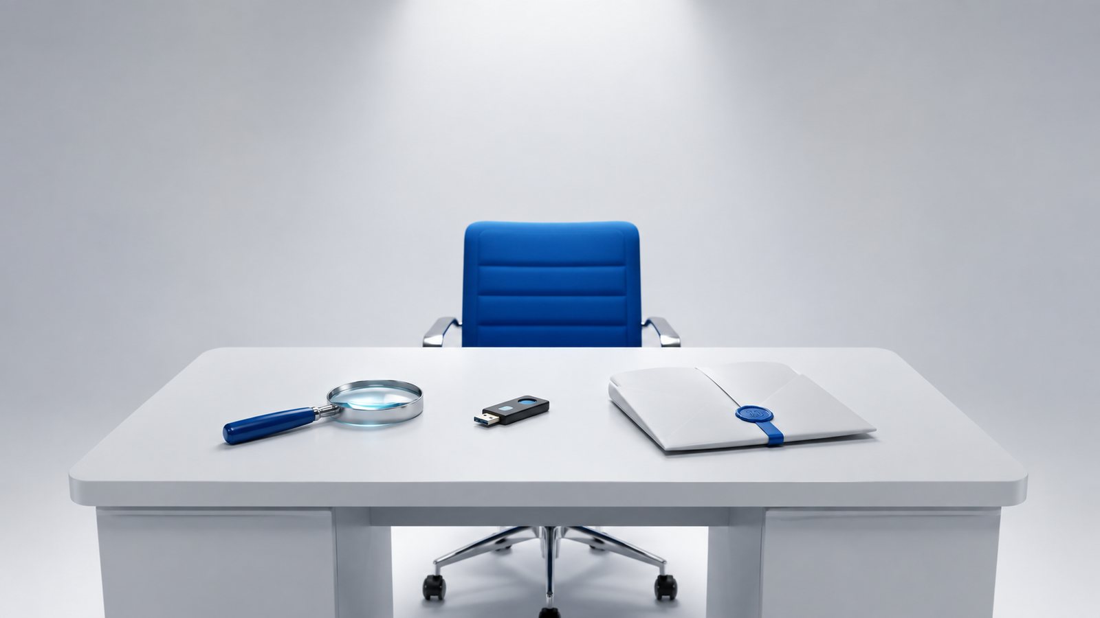 Empty desk with a blue chair, a magnifying glass and a hardware key, illustrating the hiring of a smart contract security lead.