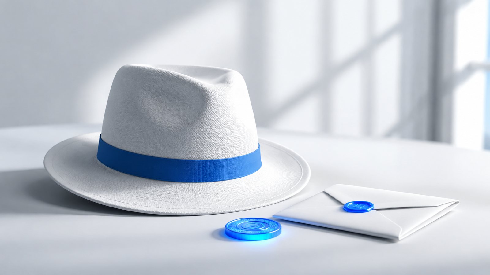 White hat resting beside a glowing blue coin on a clean desk, representing how a whitehat reports a DeFi vulnerability and gets paid.